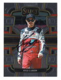 Front view of an autographed Kyle Larson 2024 Panini Select Racing Grandstand NASCAR trading card featuring his #5 Valvoline Hendrick Motorsports team and distinctive Grandstand insert design. This signed collectible includes a Certificate of Authenticity and appeals to Kyle Larson fans, NASCAR enthusiasts, and racing memorabilia collectors.