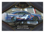 Front view of an autographed Kyle Larson 2024 Panini Select Racing Sights of Victory NASCAR trading card featuring his Las Vegas Motor Speedway victory burnout celebration. This signed racing collectible includes a Certificate of Authenticity and appeals to Kyle Larson fans, Hendrick Motorsports supporters, and NASCAR trading card collectors.