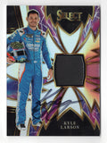 Front view of an autographed Kyle Larson 2024 Panini Select Racing Sparks Memorabilia Relic NASCAR trading card featuring a race-used tire piece and Larson's signature. This signed collectible includes a Certificate of Authenticity and appeals to NASCAR fans, Kyle Larson supporters, and collectors of authentic racing memorabilia.