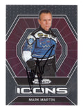 Front view of an autographed Mark Martin 2022 Panini Prizm Racing Icons NASCAR trading card featuring the legendary NASCAR Hall of Famer and distinctive Icons insert design. This signed racing collectible includes a Certificate of Authenticity and appeals to Mark Martin fans, NASCAR enthusiasts, and collectors of autographed trading cards.