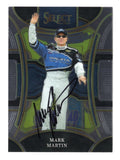 Front view of an autographed Mark Martin 2024 Panini Select Racing Trackside NASCAR trading card featuring the legendary NASCAR Hall of Famer and distinctive Trackside insert design. This signed racing collectible includes a Certificate of Authenticity and appeals to Mark Martin fans, NASCAR enthusiasts, and collectors of autographed trading cards.