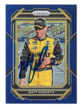 A striking blue parallel design highlights this autographed Matt Kenseth 2023 Panini Prizm Racing NASCAR trading card. Featuring the 2003 NASCAR Cup Series champion's signature and individual serial numbering of #486/499, this collectible includes a Certificate of Authenticity and appeals to fans of Kenseth and NASCAR racing memorabilia.