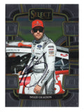 Front view of an autographed Noah Gragson 2024 Panini Select Racing Grandstand NASCAR trading card featuring the popular NASCAR driver and distinctive Grandstand insert design. This signed collectible includes a Certificate of Authenticity and appeals to Noah Gragson fans, NASCAR enthusiasts, and collectors of autographed racing trading cards.