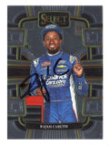 Front view of an autographed Rajah Caruth 2024 Panini Select Racing Grandstand NASCAR trading card featuring the rising NASCAR Craftsman Truck Series star and distinctive Grandstand insert design. This signed collectible includes a Certificate of Authenticity and appeals to Rajah Caruth fans, NASCAR enthusiasts, and collectors of autographed racing trading cards.