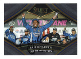 Front view of an autographed Rajah Caruth 2024 Panini Select Racing Sights of Victory NASCAR trading card commemorating his first Craftsman Truck Series victory at Las Vegas Motor Speedway. Featuring the distinctive Sights of Victory design, this signed collectible includes a Certificate of Authenticity for NASCAR racing card collectors.