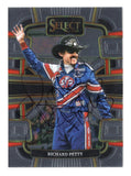 The legendary Richard Petty is featured on this autographed 2024 Panini Select Racing Grandstand NASCAR trading card. Showcasing the distinctive Grandstand design and Petty's signature, this collectible celebrates the seven-time Cup Series champion and 200-race winner. A Certificate of Authenticity accompanies this signed NASCAR memorabilia piece.