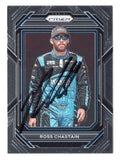 Front view of an autographed Ross Chastain 2023 Panini Prizm Racing NASCAR trading card featuring the popular Trackhouse Racing driver and distinctive Panini Prizm card design. This signed collectible includes a Certificate of Authenticity and appeals to Ross Chastain fans, NASCAR enthusiasts, and collectors of autographed racing trading cards.