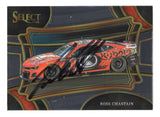 Front view of an autographed Ross Chastain 2024 Panini Select Racing NASCAR trading card featuring his #1 Kubota-sponsored Trackhouse Racing Chevrolet Camaro and distinctive Panini Select card design. This signed collectible includes a Certificate of Authenticity and appeals to Ross Chastain fans and collectors of autographed NASCAR racing cards.