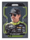 Front view of an autographed Ryan Blaney 2022 Panini Prizm Racing NASCAR trading card featuring the Team Penske driver and distinctive Panini Prizm card design. This signed collectible includes a Certificate of Authenticity and appeals to Ryan Blaney fans, NASCAR enthusiasts, and collectors of autographed racing trading cards.