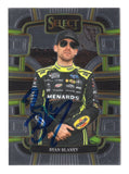 Front view of an autographed Ryan Blaney 2024 Panini Select Racing Grandstand NASCAR trading card featuring the 2023 Cup Series champion and distinctive Grandstand insert design. This signed racing collectible includes a Certificate of Authenticity and appeals to Ryan Blaney fans, Team Penske supporters, and NASCAR trading card collectors.