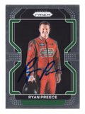 Front view of an autographed Ryan Preece 2022 Panini Prizm Racing NASCAR trading card featuring the talented NASCAR Cup Series driver and distinctive Panini Prizm card design. This signed collectible includes a Certificate of Authenticity and appeals to Ryan Preece fans, NASCAR enthusiasts, and collectors of autographed racing trading cards.