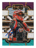 Front view of an autographed Toni Breidinger 2024 Panini Select Racing Tricolor Teal Prizm NASCAR trading card featuring the motorsports driver and distinctive multicolor design with teal accents. This signed collectible includes a Certificate of Authenticity and appeals to NASCAR fans and collectors of colorful Prizm racing cards.