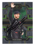Front view of an autographed Tyler Reddick 2024 Panini Select Racing Grandstand NASCAR trading card featuring the talented 23XI Racing driver and distinctive Grandstand insert design. This signed collectible includes a Certificate of Authenticity and appeals to Tyler Reddick fans, NASCAR enthusiasts, and collectors of autographed racing trading cards.