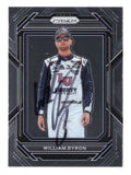 Front view of an autographed William Byron 2023 Panini Prizm Racing NASCAR trading card featuring the Hendrick Motorsports driver and distinctive Panini Prizm card design. This signed collectible includes a Certificate of Authenticity and appeals to William Byron fans, NASCAR enthusiasts, and collectors of autographed racing trading cards.