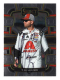 Front view of an autographed William Byron 2024 Panini Select Racing Grandstand NASCAR trading card featuring the Hendrick Motorsports driver and distinctive Grandstand insert design. This signed collectible includes a Certificate of Authenticity and appeals to William Byron fans, NASCAR enthusiasts, and collectors of autographed racing trading cards.