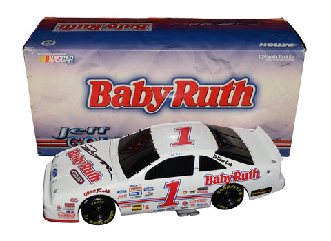 Autographed 1992 Jeff Gordon #1 Baby Ruth Ford Thunderbird Black Window Bank diecast featuring the classic rookie paint scheme, detailed Action construction, and included COA. A meaningful early-career collectible that makes a great gift. We are always here to help with any questions.