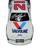 Vintage Buddy Baker signed #21 Valvoline Racing black window bank diecast car highlighting classic NASCAR styling, detailed race-inspired graphics, authentic autograph, and exceptional display appeal for collectors of historic motorsports memorabilia.