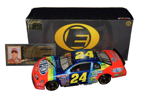 Autographed 1997 Jeff Gordon #24 DuPont Million Dollar Date RCCA Elite diecast featuring detailed chassis work, vibrant graphics, and included COA. A unique vintage collectible that makes a great gift for NASCAR fans. We are always here to help with any questions.