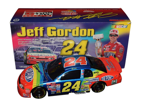 Autographed 1998 Jeff Gordon #24 DuPont Winston No Bull Winner Brickyard diecast featuring vintage DuPont graphics, detailed Action construction, and included COA. A meaningful collectible for Gordon fans that also makes a great gift. We are always here to help with any questions.