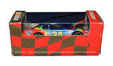 Detailed view of an autographed 1998 Jeff Gordon #24 DuPont Rainbow Warrior Action 1/64 scale NASCAR diecast celebrating the 50th Anniversary of NASCAR. Featuring Jeff Gordon’s signature and recognizable rainbow-era design, this vintage collectible includes a Certificate of Authenticity and is ideal for Gordon and historic NASCAR memorabilia collections.