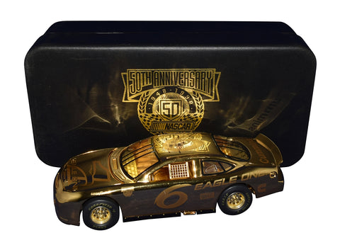 Autographed 1998 Mark Martin #6 Eagle One 24K Gold Car diecast featuring a brilliant gold-plated finish, NASCAR 50th Anniversary graphics, and included COA. A unique Racing Champions collectible that makes a great gift for fans. We are always here to help with any questions.