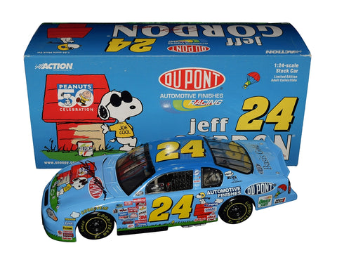 Autographed 2000 Jeff Gordon #24 DuPont Peanuts Snoopy diecast featuring bright Peanuts artwork, detailed Action construction, and included COA. A nostalgic NASCAR collectible that makes a great gift for racing and cartoon fans. We are always here to help with any questions.