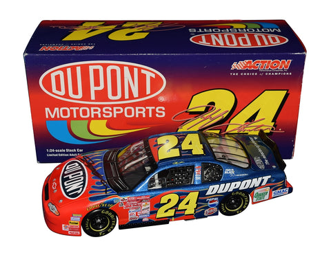Autographed 2001 Jeff Gordon #24 DuPont championship-season diecast featuring bold flames, detailed construction, and included COA. A meaningful vintage collectible that makes a great gift for NASCAR fans. We are always here to help with any questions.