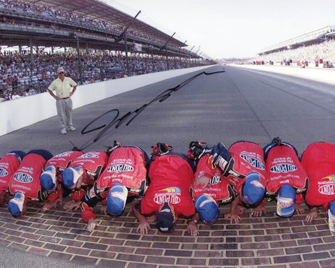 Autographed 8x10 photo of Jeff Gordon kissing the Yard of Bricks after his 2001 Brickyard 400 victory at Indianapolis. A standout collectible for NASCAR fans that highlights a major career moment. Includes COA and makes a great gift. We are always here to help with any questions.