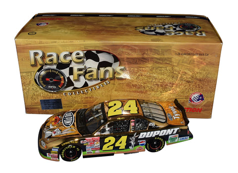 Autographed 2001 Jeff Gordon #24 Looney Tunes 24K Gold diecast featuring a bright gold-tone finish, colorful cartoon graphics, and included COA. A fun crossover collectible that makes a great gift for NASCAR and Looney Tunes fans. We are always here to help with any questions.