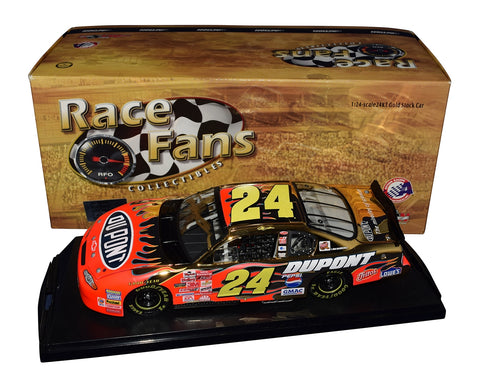 Autographed 2002 Jeff Gordon #24 DuPont 24K Gold diecast featuring a reflective gold-tone finish, detailed Action craftsmanship, and included COA. A rare NASCAR collectible that makes a great gift for fans. We are always here to help with any questions.