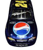 Collectible autographed Jeff Gordon 2002 #24 Pepsi Talladega Blue Chrome RCCA Elite 1/24 scale NASCAR diecast featuring a vibrant special finish and authentic signature from the four-time Cup Series Champion. Individually numbered #1184 from only 2,504 produced, this car offers exceptional display appeal for racing enthusiasts.