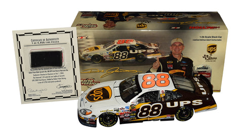 Autographed 2004 Dale Jarrett #88 UPS Daytona Bud Shootout Win raced version diecast featuring authentic race markings, UPS graphics, and a real tire piece. Includes COA and makes a great gift for NASCAR collectors. We are always here to help with any questions.