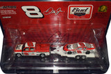 Detailed view of an autographed 2004 Dale Jr. #8 Budweiser Daytona 500 Born on Date Crew Cab and Trailer NASCAR diecast set in 1/64 scale by Action. Featuring Dale Earnhardt Jr.’s signature, the collectible includes a Certificate of Authenticity and celebrates a memorable season in Dale Jr.’s racing career.