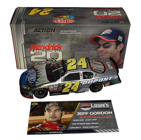 Autographed custom 1/1 2004 Jeff Gordon HMS 20th Anniversary Charlotte raced diecast featuring realistic race wear, DuPont graphics, and included COA. A unique collectible that makes a great gift for serious NASCAR collectors. We are always here to help with any questions.