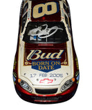 Collectible autographed Dale Earnhardt Jr. 2005 #8 Budweiser Born on Date February 17th Duel at Daytona Action 1/24 scale NASCAR diecast featuring an authentic signature and distinctive event-specific graphics. This signed No. 8 Chevrolet offers outstanding display appeal for Dale Jr., Daytona, and Budweiser racing collectors.
