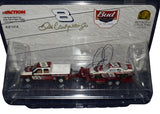 Dale Earnhardt Jr. signed 2005 #8 Budweiser Born on Date Action 1/64 scale NASCAR collectible featuring the Dale Jr. race car with coordinating crew cab and trailer. This distinctive autographed set includes a COA and makes a great gift for Dale Jr. fans, Budweiser racing enthusiasts, and diecast collectors.
