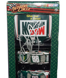 Front display view of the signed Dale Earnhardt Jr. #88 Mountain Dew Retro Action 1/64 scale NASCAR diecast two-car set. Both Winner’s Circle cars feature bold green retro graphics, detailed racing designs, and an autograph, making the set an eye-catching addition to a NASCAR memorabilia collection.