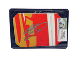 Displayed autographed Chase Elliott #9 Aaron’s Rookie ARCA Series red and orange race-used NASCAR sheet metal with visible track wear. Housed inside a protective plastic toploader, this trading-card-size collectible makes a great gift for Chase Elliott fans, ARCA enthusiasts, and racing memorabilia collectors.