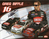 Autographed 2015 Greg Biffle #16 Roush-Fenway Racing 8x10 inch NASCAR photo featuring a clean hand-signed autograph. This hero-style image highlights Biffle during his Cup Series career with the No. 16 team and includes a Certificate of Authenticity. Ideal for framed display, collection building, or gifting to NASCAR fans.