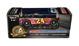 Detailed view of an autographed 2015 Jeff Gordon #24 AARP Drive to End Hunger Action 1/64 scale NASCAR diecast. Personally signed by Jeff Gordon, this collectible represents his farewell season as a full-time Hendrick Motorsports driver and includes a Certificate of Authenticity for Gordon, #24, and signed NASCAR memorabilia collectors.