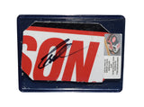Displayed autographed Christopher Bell #20 Rheem race-used NASCAR sheet metal from the 2019 Xfinity Series season with visible racing wear. Housed inside a protective plastic toploader, this trading-card-size collectible makes a great gift for Christopher Bell fans, Rheem supporters, and motorsports memorabilia collectors.