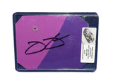 Displayed autographed Jimmie Johnson #48 Ally Racing two-color race-used NASCAR sheet metal with visible track wear and Hendrick Motorsports styling. Housed inside a protective plastic toploader, this trading-card-size collectible makes a great gift for Jimmie Johnson fans and racing memorabilia collectors.