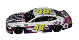 Close-up of the signed 2020 Jimmie Johnson #48 Ally White Car Hendrick Motorsports Lionel 1/24 scale NASCAR diecast showcasing authentic autograph, distinctive white Ally paint scheme, detailed craftsmanship, limited edition numbering, and an included Certificate of Authenticity.