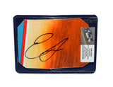 Displayed autographed Erik Jones #43 Columbia race-used NASCAR sheet metal from the 2021 Daytona car with visible racing wear. Housed inside a protective plastic toploader, this trading-card-size collectible makes a great gift for Erik Jones fans, Daytona enthusiasts, and motorsports memorabilia collectors.