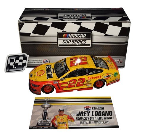 Autographed 2021 Joey Logano #22 Pennzoil Bristol Dirt Race Win diecast featuring realistic dirt-race markings, Pennzoil colors, and limited-edition numbering. This raced version collectible highlights a historic NASCAR victory and makes a great gift. We are always here to help with any questions.