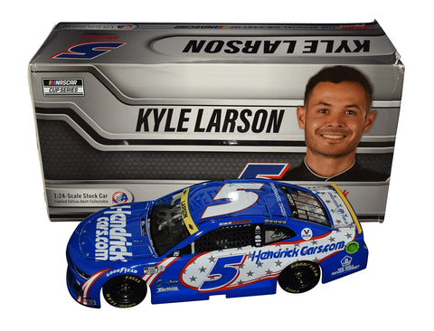 Autographed 2021 Kyle Larson #5 Hendrick Cars 9/11 Tribute Patriotic diecast featuring bold red, white, and blue graphics, detailed construction, and included COA. A meaningful limited-edition collectible that makes a great gift for NASCAR fans. We are always here to help with any questions.