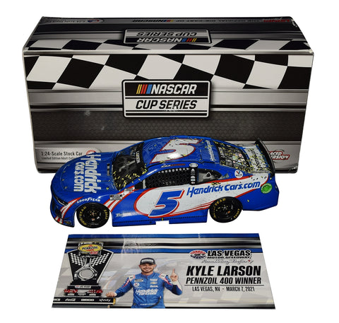 Autographed 2021 Kyle Larson #5 Hendrick Cars Las Vegas Win raced version diecast featuring race-used markings, confetti details, and limited-edition numbering. A standout championship-season collectible that makes a great gift for NASCAR fans. We are always here to help with any questions.