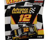 Side view of the signed Ryan Blaney #12 Advance Same Day 2021 NASCAR Authentics diecast car. The 1/64 scale Wave 12 collectible showcases detailed Team Penske graphics, bright sponsor branding, realistic racing features, and Ryan Blaney’s autograph for an impressive display piece.