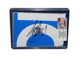 Displayed autographed Tony Stewart #14 Good Sam SRX Series race-used composite sheet metal with visible racing wear and distinctive track-used character. Housed inside a protective plastic toploader, this trading-card-size collectible makes a great gift for Tony Stewart fans, SRX enthusiasts, and motorsports memorabilia collectors.
