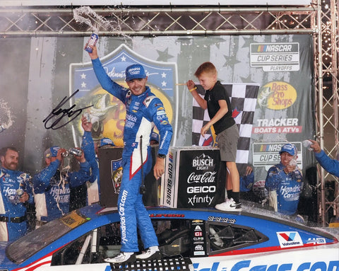 Autographed 8x10 photo of Kyle Larson celebrating his 2024 Bristol Playoff win in Victory Lane with the #5 Hendrick Motorsports Chevy. A high-quality collectible that makes a great gift for any NASCAR fan, and we are always here to help with any questions.